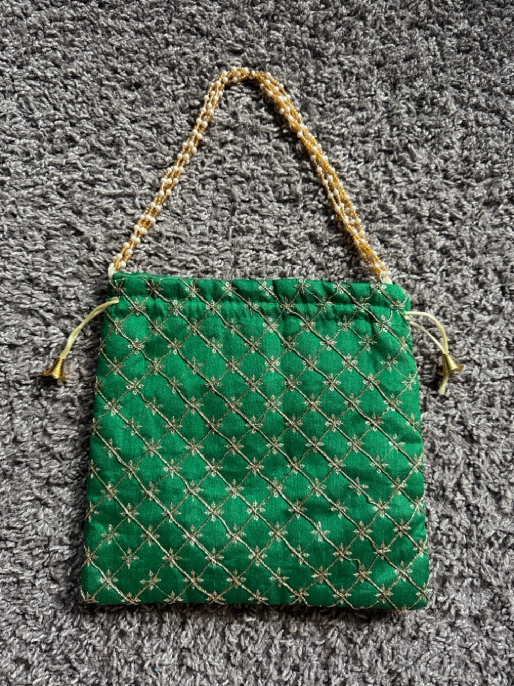 Green Potli Drawstring Bag with Gold Beaded Handle - Picture 2 of 10